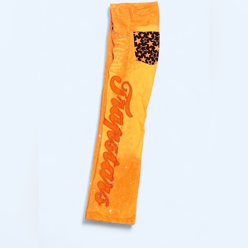 Y2K TRAPSTARS Low Rise Embellished Flare Jeans Tag 32 Star Graphic Rhinestone - Picture 2 of 8